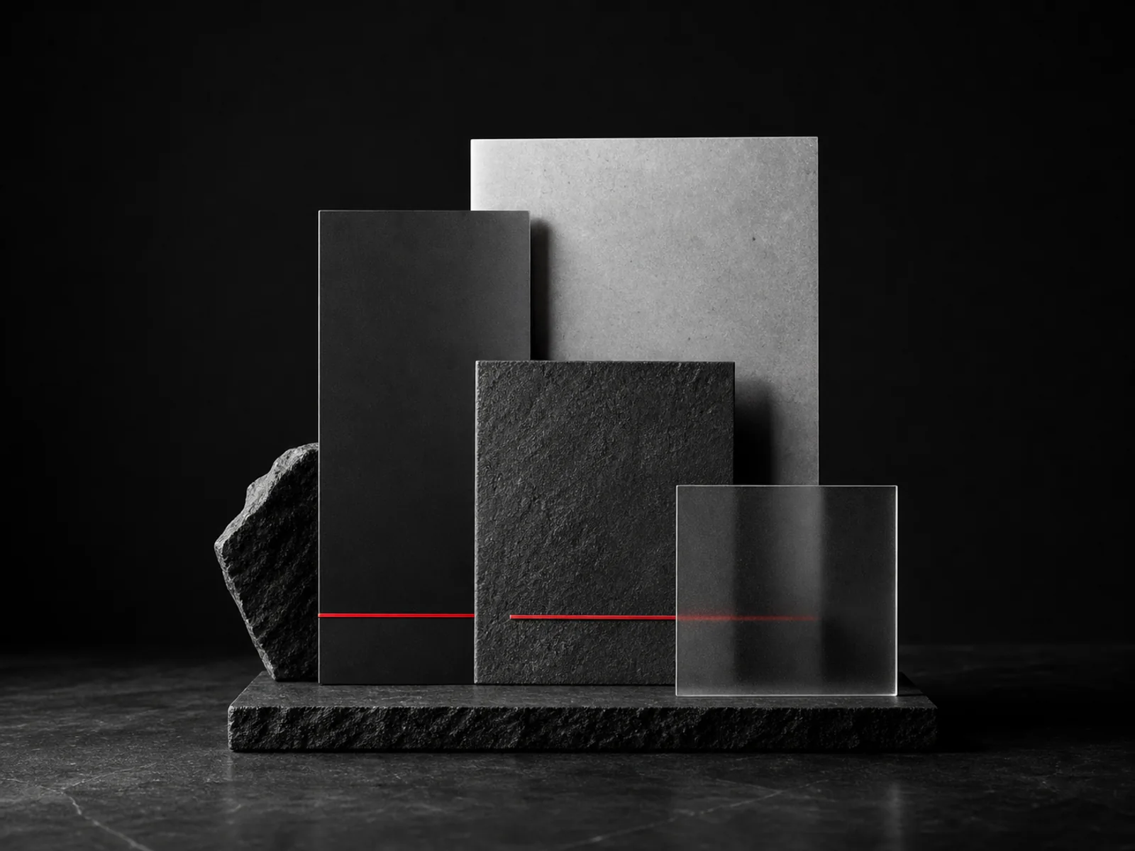 Composição abstrata de painéis geométricos em grafite sobre base de pedra escura
